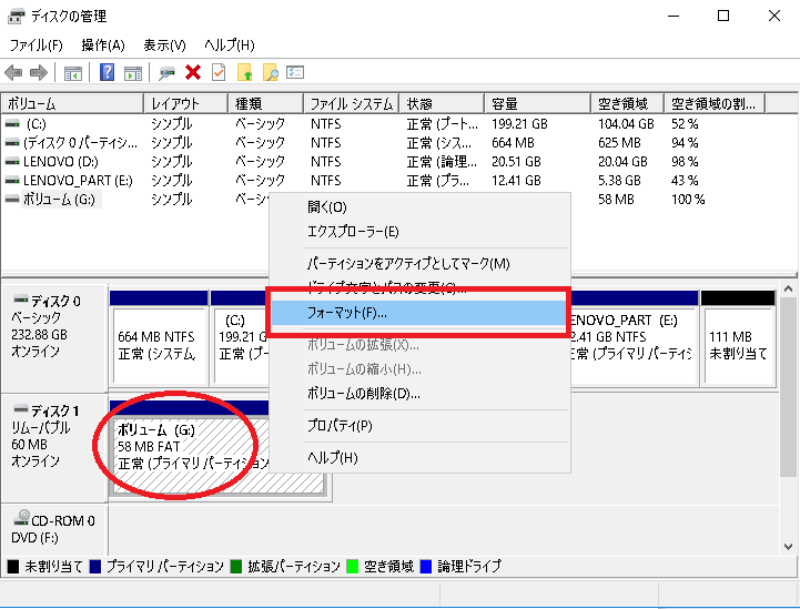 「ディスクの管理」のフォーマット