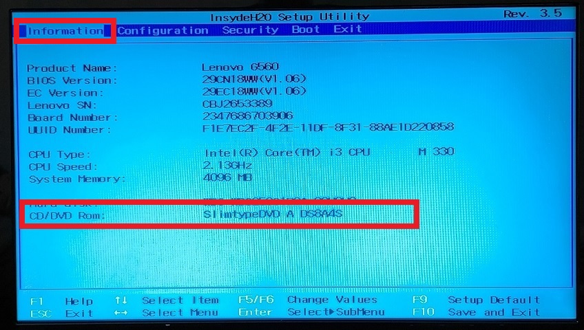 LenovoG560のBIOSでCDを確認